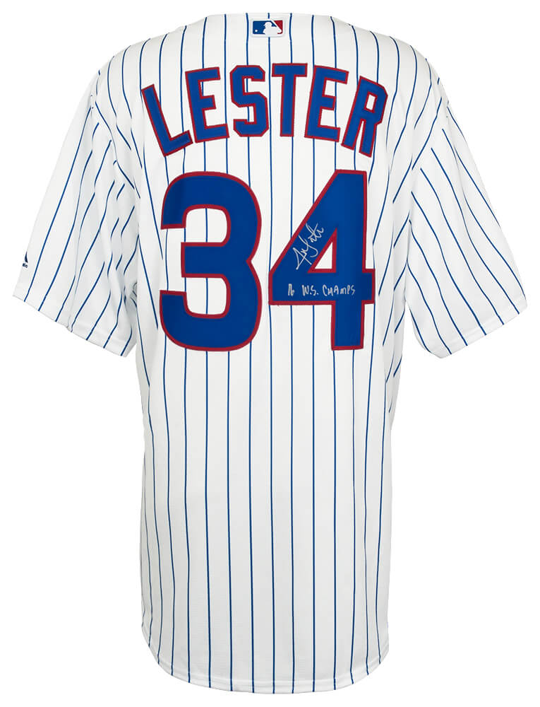 LESJRY106 Jon Lester Signed Chicago Cubs Pinstripe Majestic Replica Baseball Jersey with 16 WS Champs, White