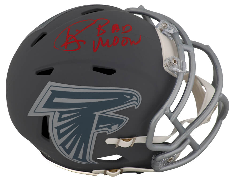 RISMIN358 Andre Rison Signed Atlanta Falcons Slate Riddell Speed Mini Helmet with Bad Moon