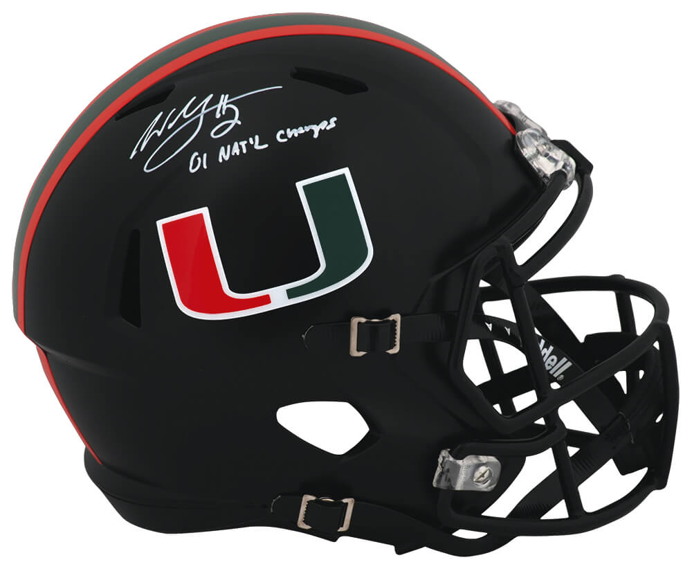 Picture of Schwartz Sports Memorabilia MCGREP300 Willis McGahee Signed Miami Hurricanes Night Black Riddell Speed Replica Helmet with 01 Natl Champs - Full Size