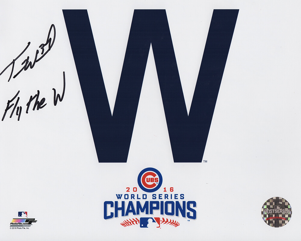 Picture of Schwartz Sports Memorabilia WOO08P112 8 x 10 in. Travis Wood Signed Chicago Cubs 2016 WS Champs W Flag Photo with Fly the W