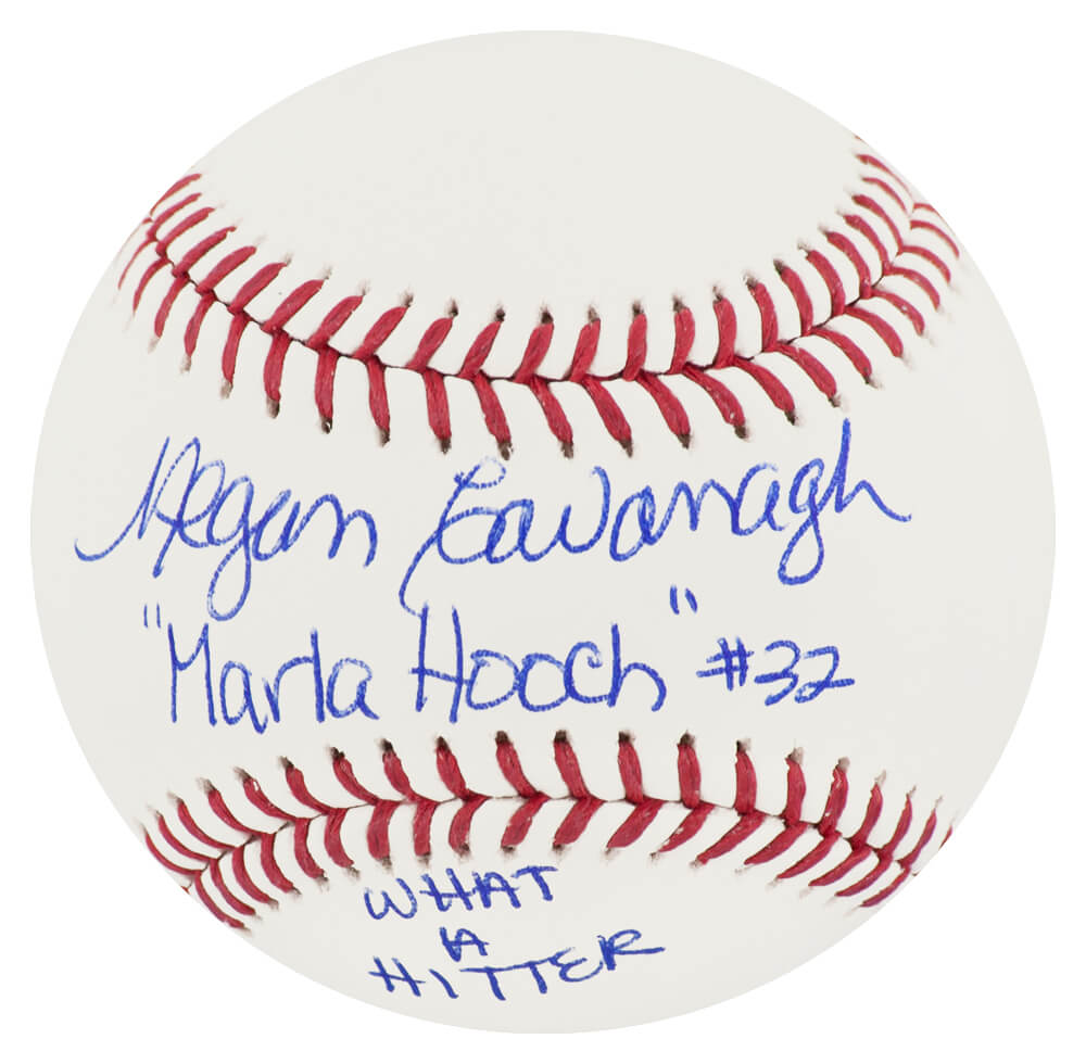 CAVBSB501 Megan Cavanagh Signed Rawlings Official MLB Baseball with Marla Hooch, What a Hitter