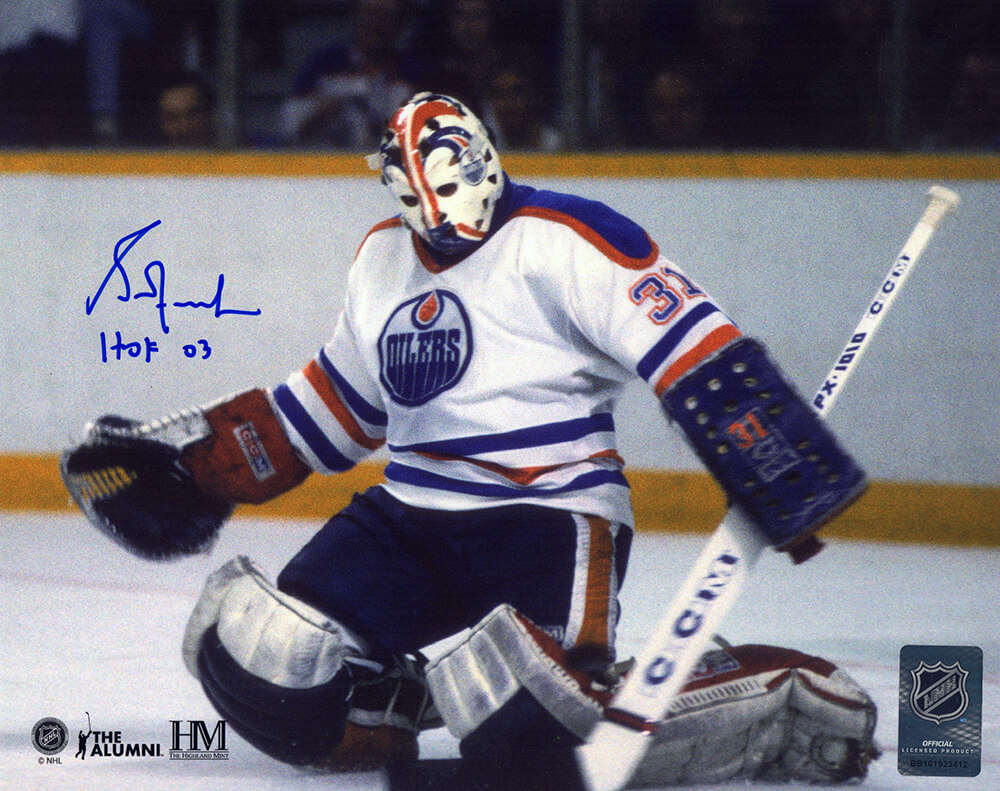 Picture of Schwartz Sports Memorabilia FUH08P404 8 x 10 in. Grant Fuhr Signed Edmonton Oilers White Jersey Goalie Action Photo with HOF 03