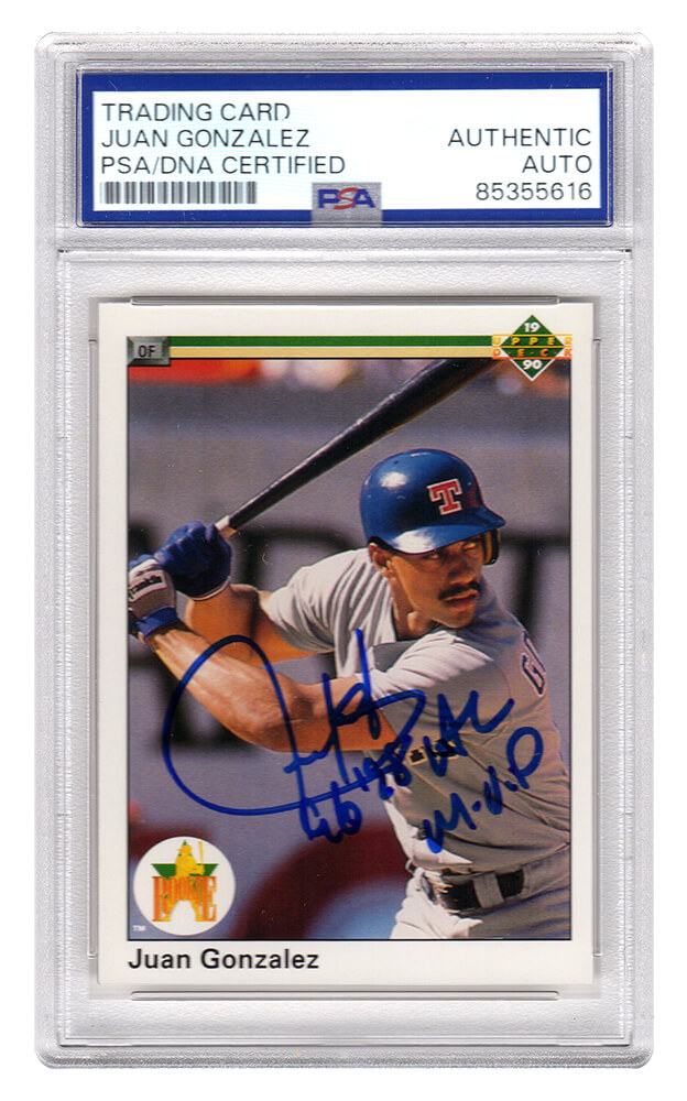 Picture of Schwartz Sports Memorabilia GONCAR134 Juan Gonzalez Signed 1990 Upper Deck Rookie Baseball Card No. 72 with 96&#44; 98 AL MVP - PSA Encapsulated