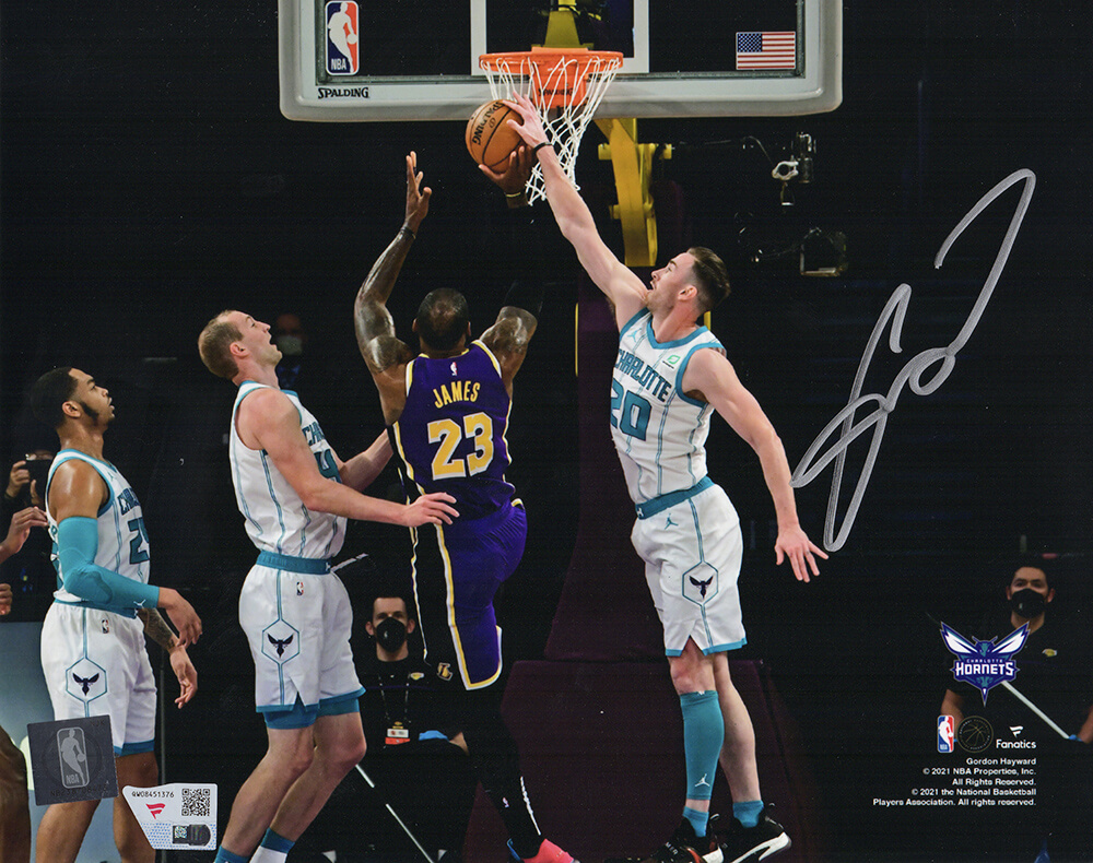 Picture of Schwartz Sports Memorabilia HAY08P230 8 x 10 in. Gordon Hayward Signed Charlotte Hornets Block on Lebron James Photo - Fanatics