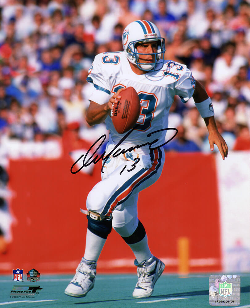 MAR08P307 8 x 10 in. Dan Marino Signed Miami Dolphins Roll Out White Jersey Action Photo