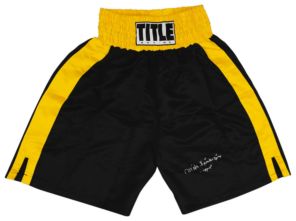 SPITRU514 Michael Mike Spinks Signed Title Black with Gold Trim Boxing Trunks with Jinx