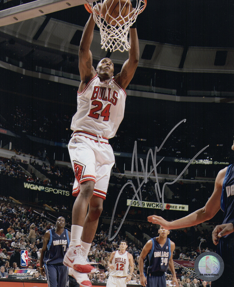 Picture of Schwartz Sports Memorabilia THO08P221 8 x 10 in. Tyrus Thomas Signed Chicago Bulls Jersey Dunk Photo&#44; White