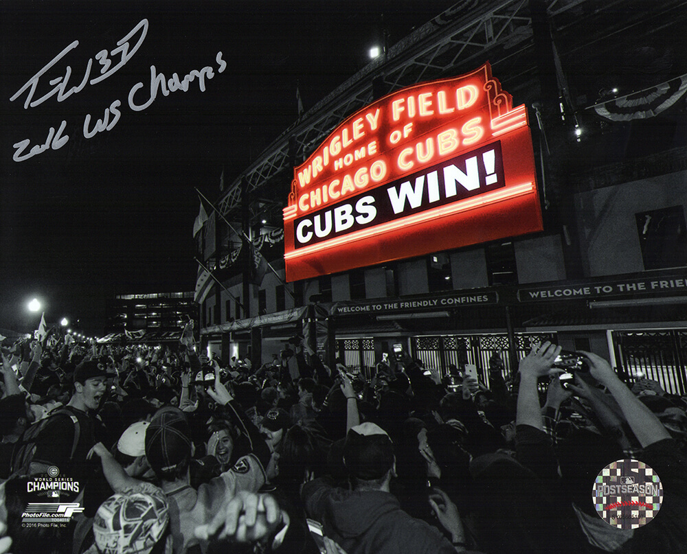Picture of Schwartz Sports Memorabilia WOO08P111 8 x 10 in. Travis Wood Signed Cubs 2016 WS Wrigley Field Marquee Spotlight Photo with Champs
