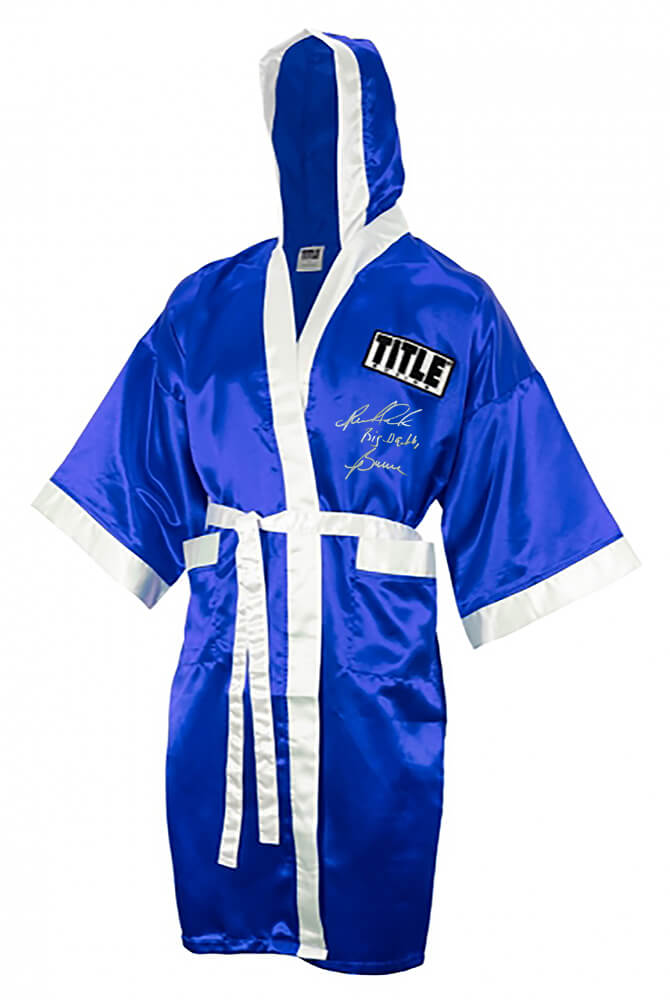 BOWROB503 Riddick Bowe Signed Title Boxing Robe with Big Daddy, Blue & White