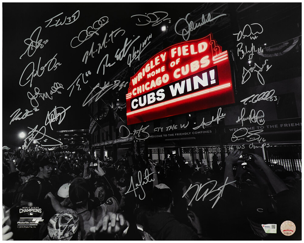 CUB16P188 16 x 20 in. 2016 Chicago Cubs Team Signed 2016 World Series Wrigley Field Marquee Spotlight Photo 25 Sigs