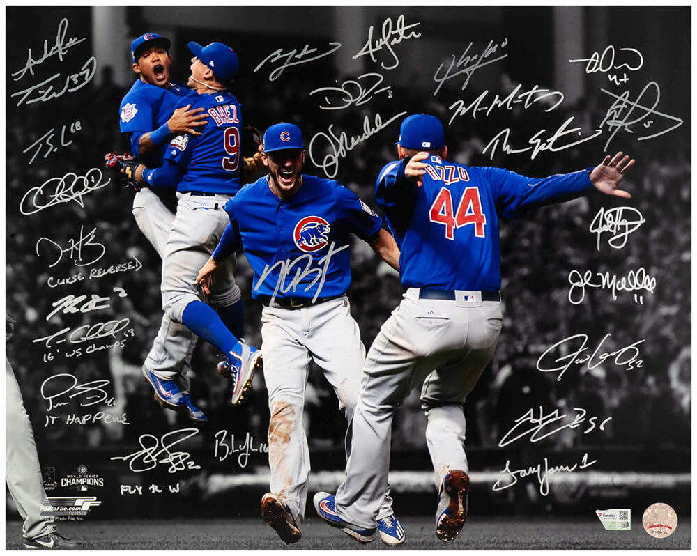 CUB16P189 16 x 20 in. 2016 Chicago Cubs Team Signed Cubs 2016 World Series Infielders Celebration Spotlight Photo 25 Sigs