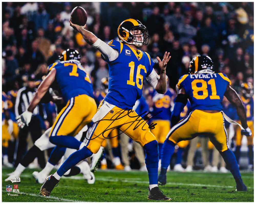 GOF16P301 16 x 20 in. Jared Goff Signed Los Angeles Rams Passing Action Photo - Fanatics