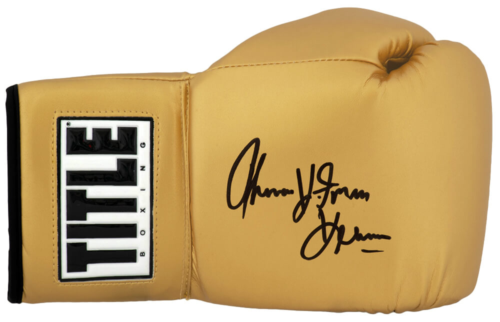 HEAGLV506 Thomas Hearns Signed Title Gold Boxing Glove with Hitman