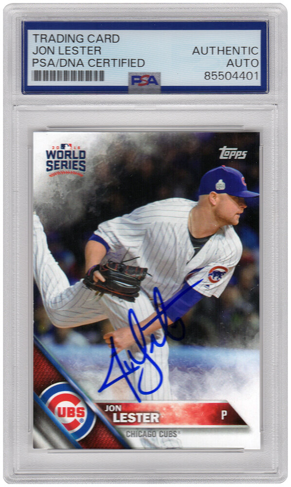LESCAR103 Jon Lester Signed Chicago Cubs 2016 Topps World Series Champions Baseball Card No.WS17 - PSA Encapsulated