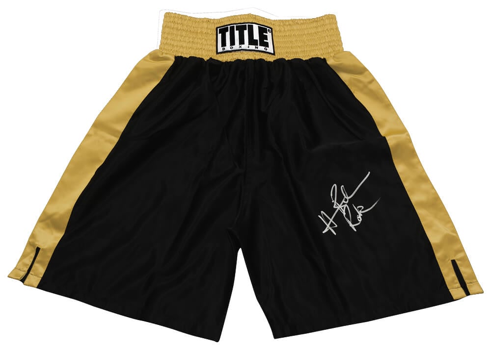 RAHTRU505 Hasim Rahman Signed Title Black & Gold Boxing Trunks with Rock