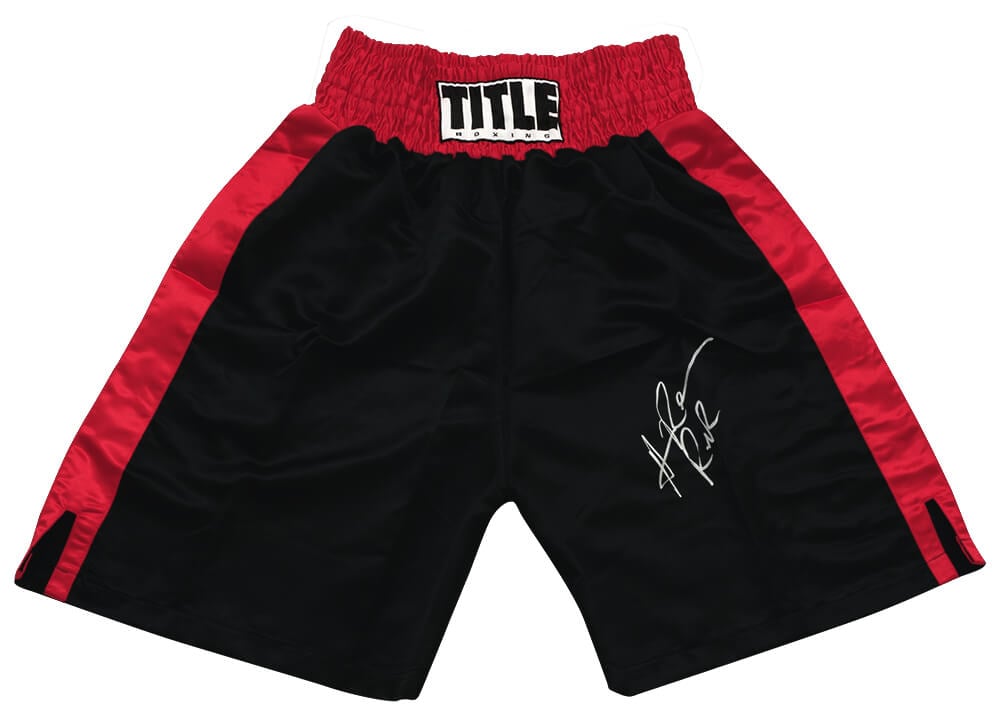 RAHTRU506 Hasim Rahman Signed Title Black & Red Boxing Trunks with Rock