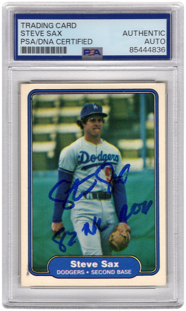 SAXCAR104 Steve Sax Signed Los Angeles Dodgers 1982 Fleer Rookie Baseball Card No.21 with 82 NL Roy - PSA Encapsulated