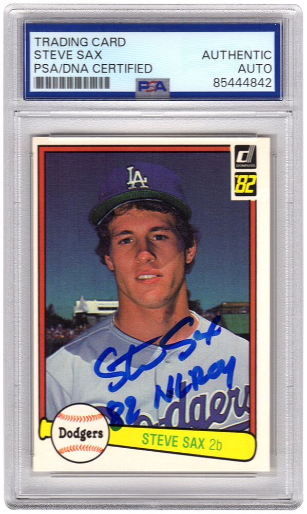 SAXCAR105 Steve Sax Signed Los Angeles Dodgers 1982 Donruss Rookie Baseball Card No.624 with 82 NL Roy - PSA Encapsulated