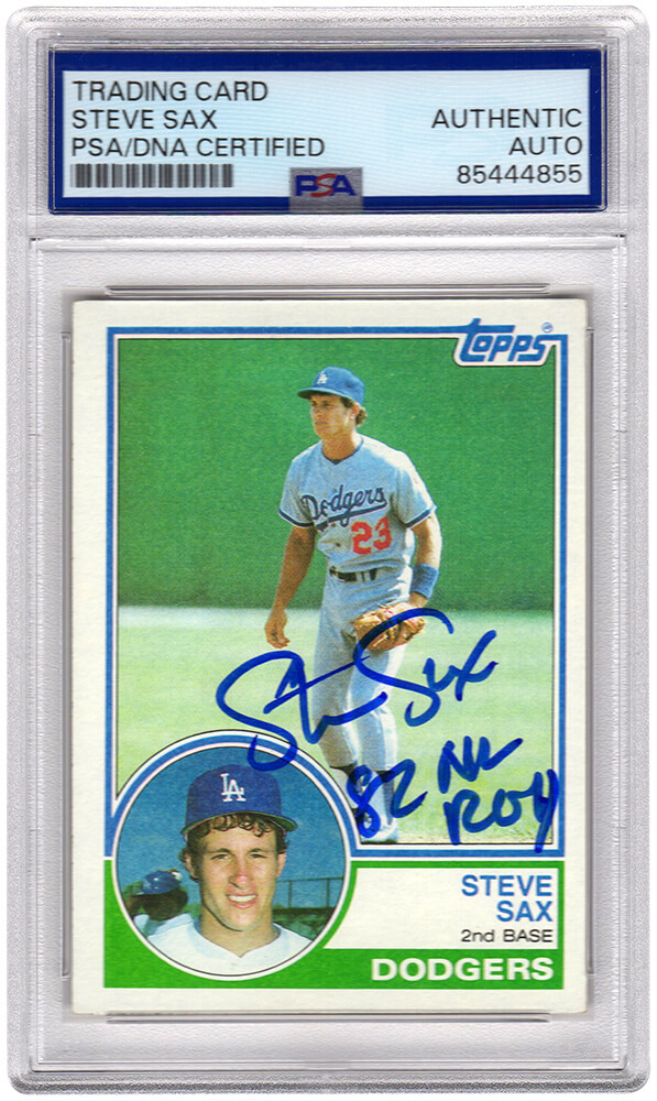 SAXCAR107 Steve Sax Signed Los Angeles Dodgers 1983 Topps Baseball Card No.245 with 82 NL Roy - PSA Encapsulated