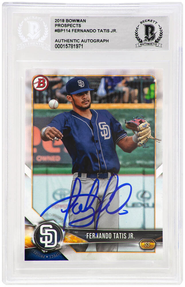 TATCAR101 Fernando Tatis Jr. Signed San Diego Padres 2018 Bowman Prospects Baseball Trading Card No.BP114 - Beckett Encapsulated