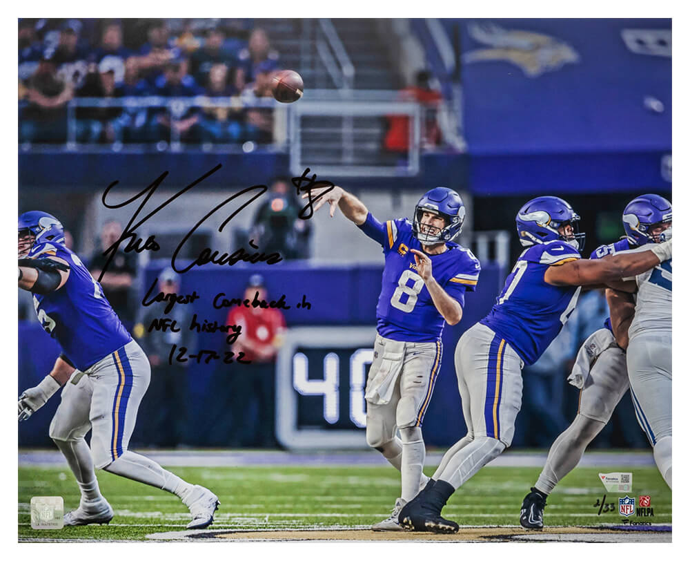 COU16P303 16 x 20 in. Kirk Cousins Signed Vikings Largest NFL Comeback LE & 33 Photo with Comeback Inscription - Fanatics