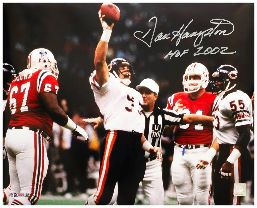 HAM16P308 16 x 20 in. Dan Hampton Signed Chicago Bears Super Bowl XX Holding Football VS Patriots Photo with HOF 2002