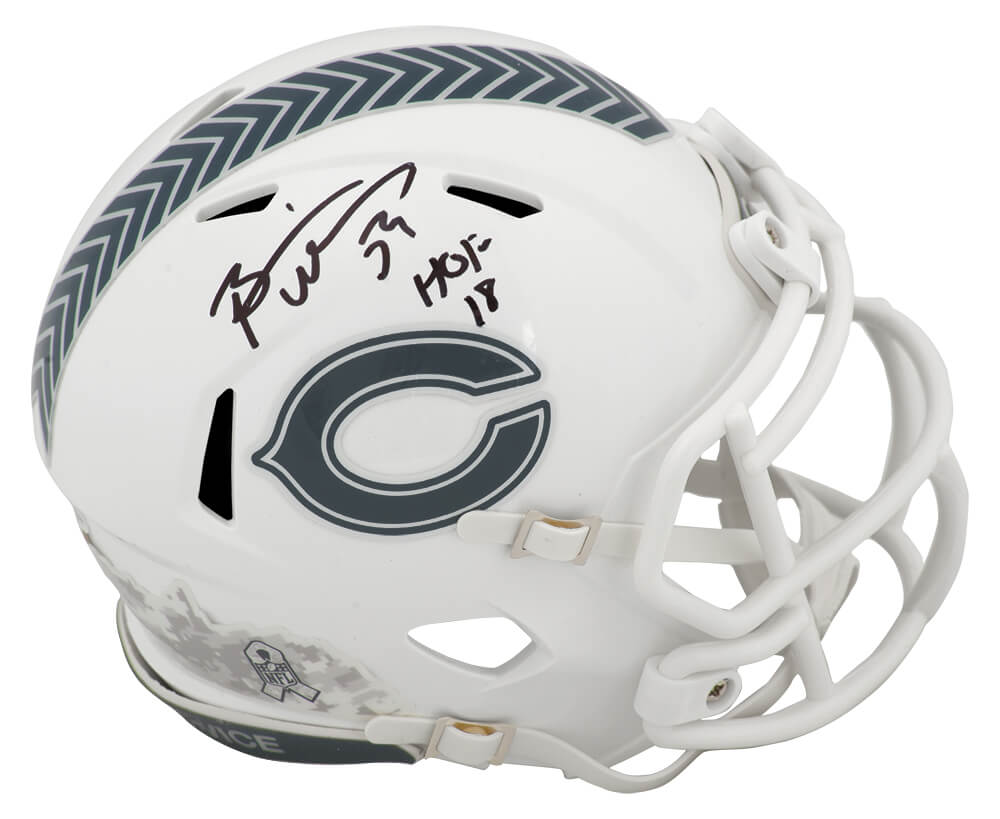 URLMIN308 Brian Urlacher Signed Chicago Bears 2024 Salute Riddell Speed Mini Helmet with HOF 18, White