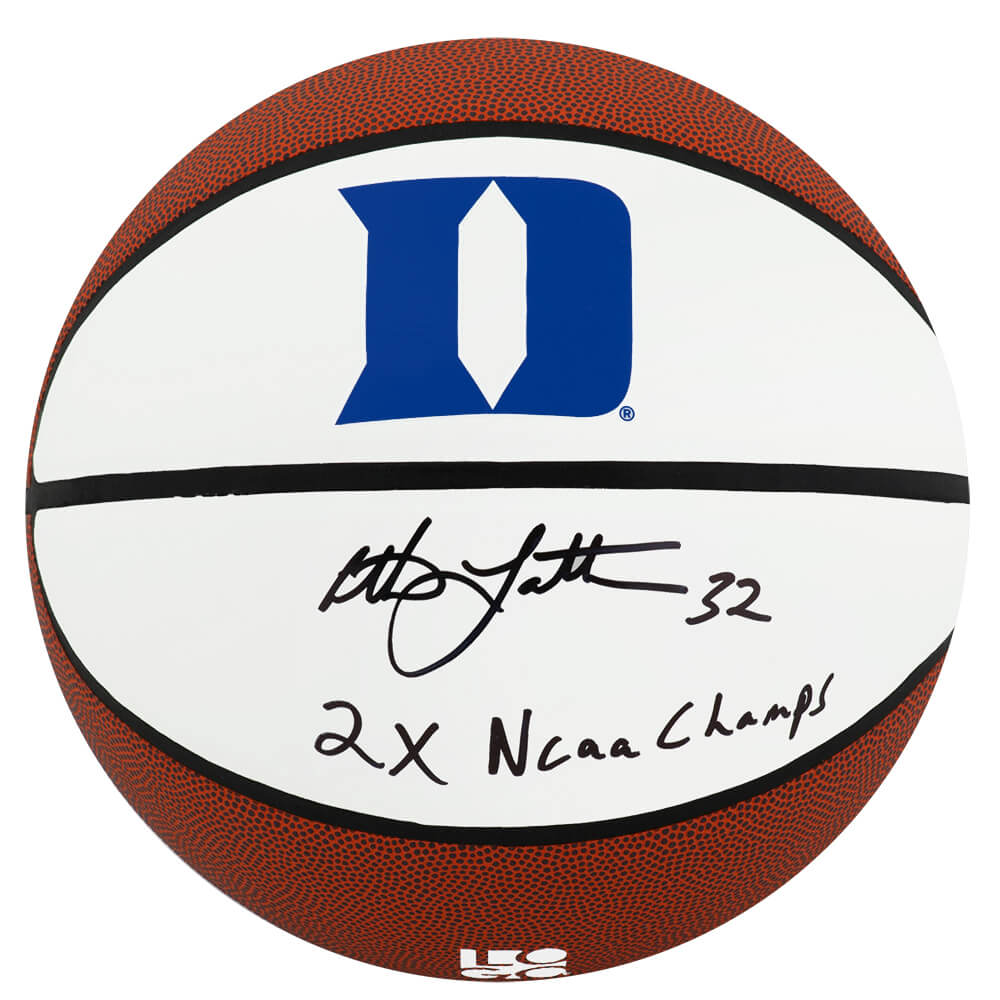 LAEBSK217 Christian Laettner Signed Duke Blue Devils Logo Brands Logo Basketball with 2x NCAA Champs, White