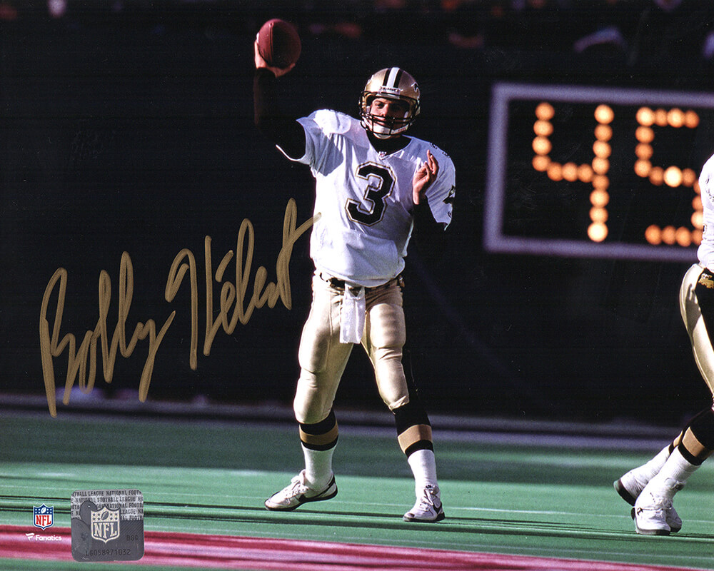 HEB08P300 8 x 10 in. Bobby Hebert Signed Orleans Saints White Jersey Passing Action Photo