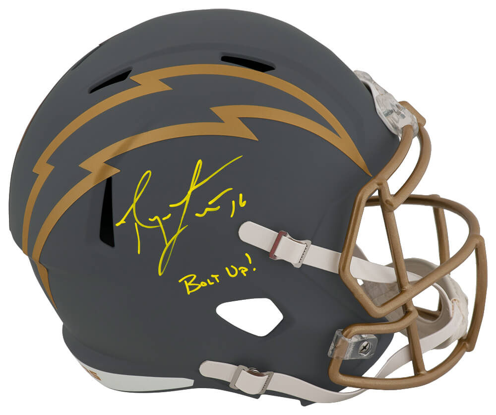 LEAREP303 Ryan Leaf Signed San Diego Chargers Slate Riddell Full Size Speed Replica Helmet with Bolt Up