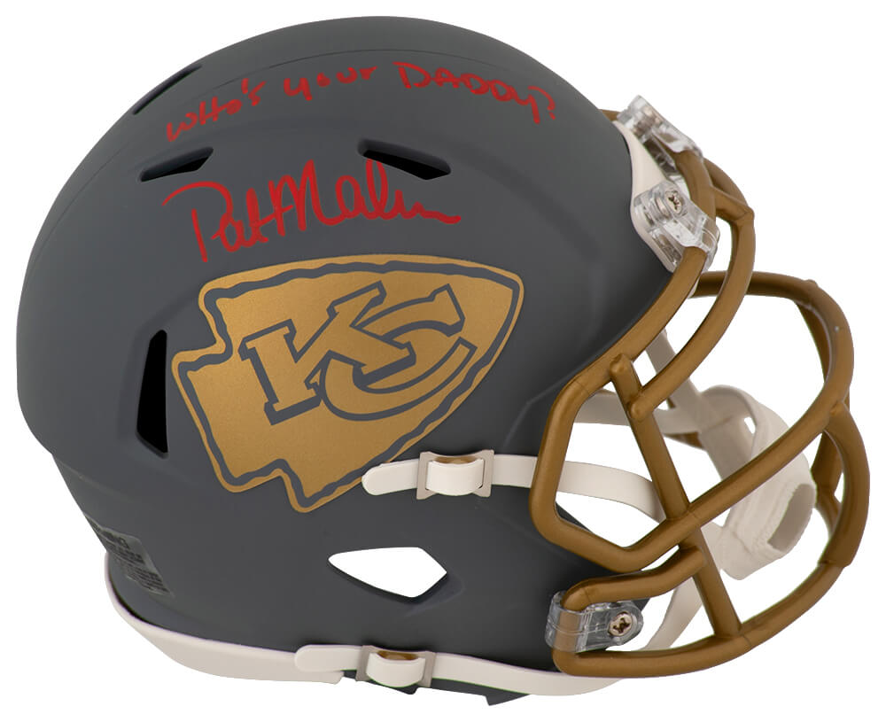 MAHMIN331 Patrick Mahomes Sr. Signed Kansas City Chiefs Slate Riddell Speed Mini Helmet with Who is Your Daddy
