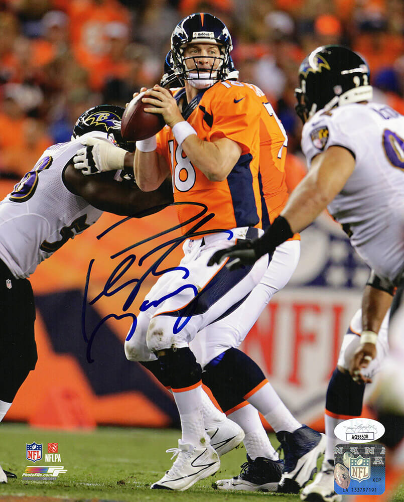 MAN08P323 8 x 10 in. Peyton Manning Signed Denver Broncos Orange Jersey Action vs Ravens Photo - JSA