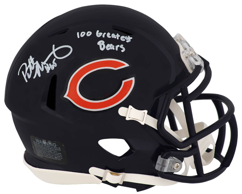 MANMIN350 Patrick Mannelly Signed Chicago Bears Riddell Speed Mini Helmet with 100 Greatest Bears