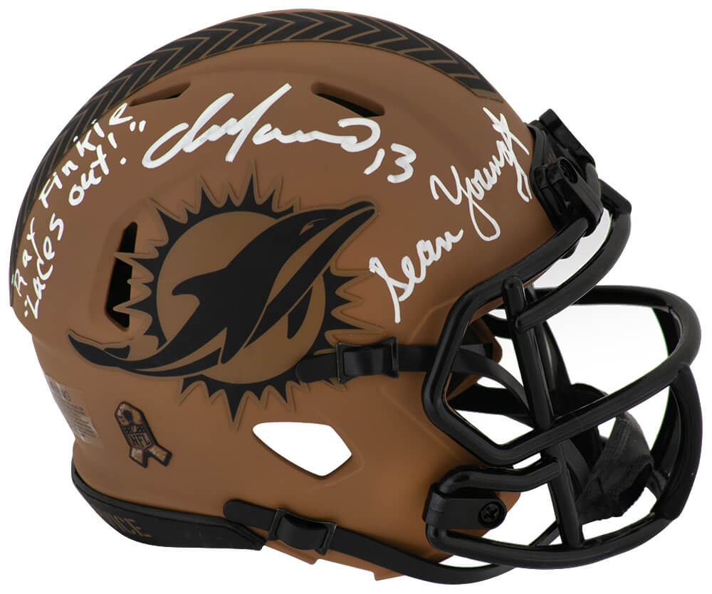 MARMIN374 Dan Marino & Sean Young Signed Miami Dolphins Salute Riddell Speed Mini Helmet with Ray Finkle, Laces Out Dan