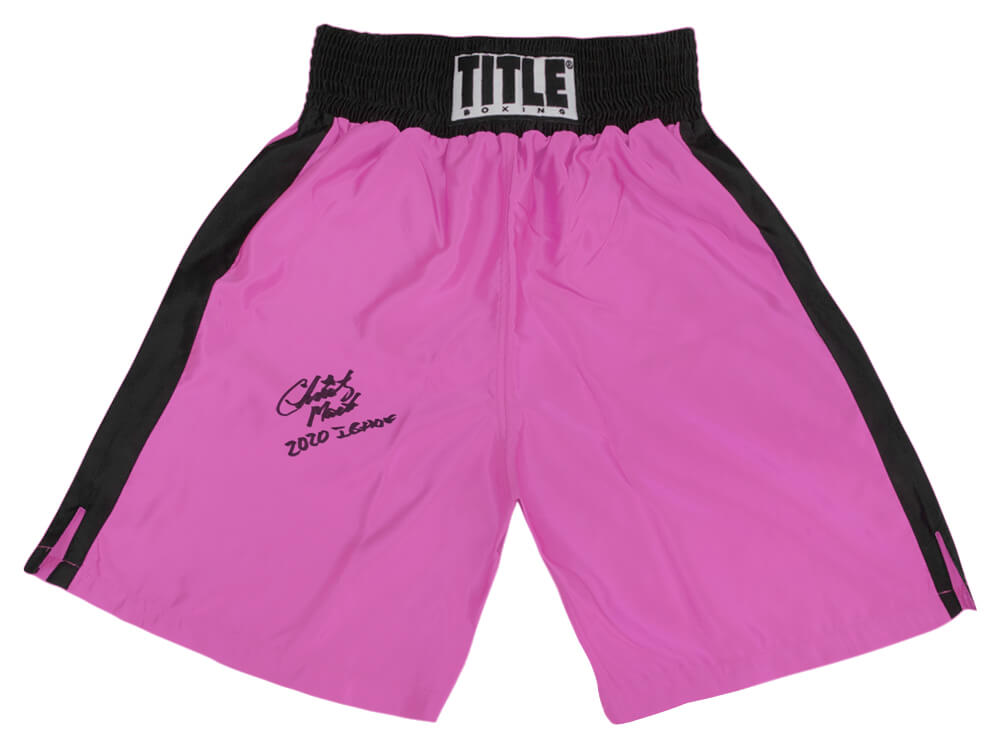 MARTRU500 Christy Martin Signed Title Pink & Black Womens Boxing Trunks with 2020 IB HOF