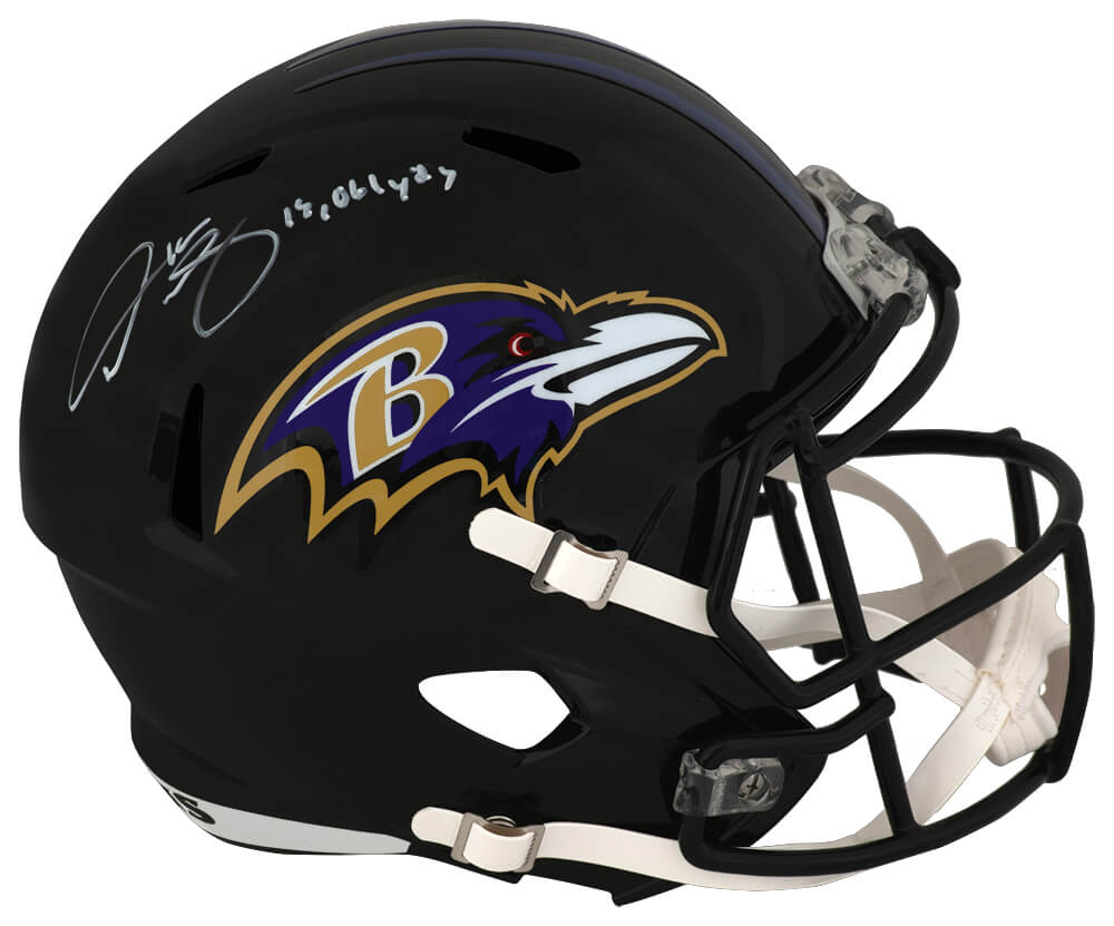 MASREP301 Derrick Mason Signed Baltimore Ravens Riddell Full Size Speed Replica Helmet with 10061 Yards