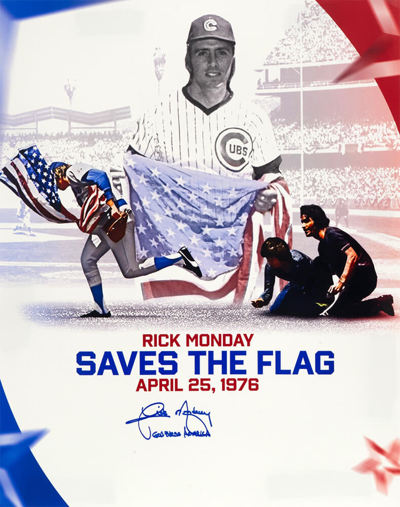 MON16P132 16 x 20 in. Rick Monday Signed Chicago Cubs Save American Flag Collage Photo with God Bless America