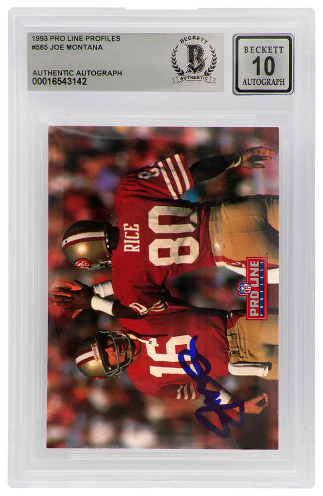 MONCAR308 Joe Montana Signed San Francisco 49ers 1993 Pro Line Profiles Football Card - No.565 - Beckett - Auto Grade 10