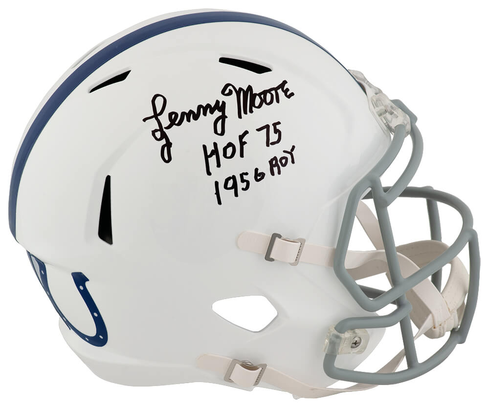 MOOREP330 Lenny Moore Signed Indianapolis Colts Throwback 1956 Style Riddell Full Size Speed Replica Helmet with HOF-75, 1956 ROY