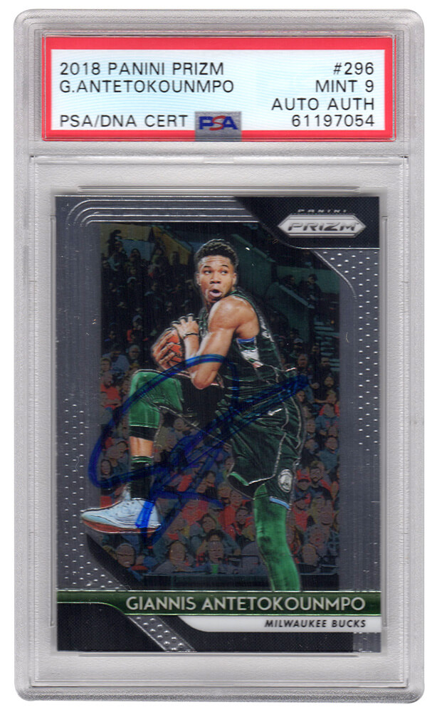 ANTCAR200 Giannis Antetokounmpo Signed Milwaukee Bucks 2018 Panini Prizm Basketball Card - No.296 - PSA & Auto Grade 9
