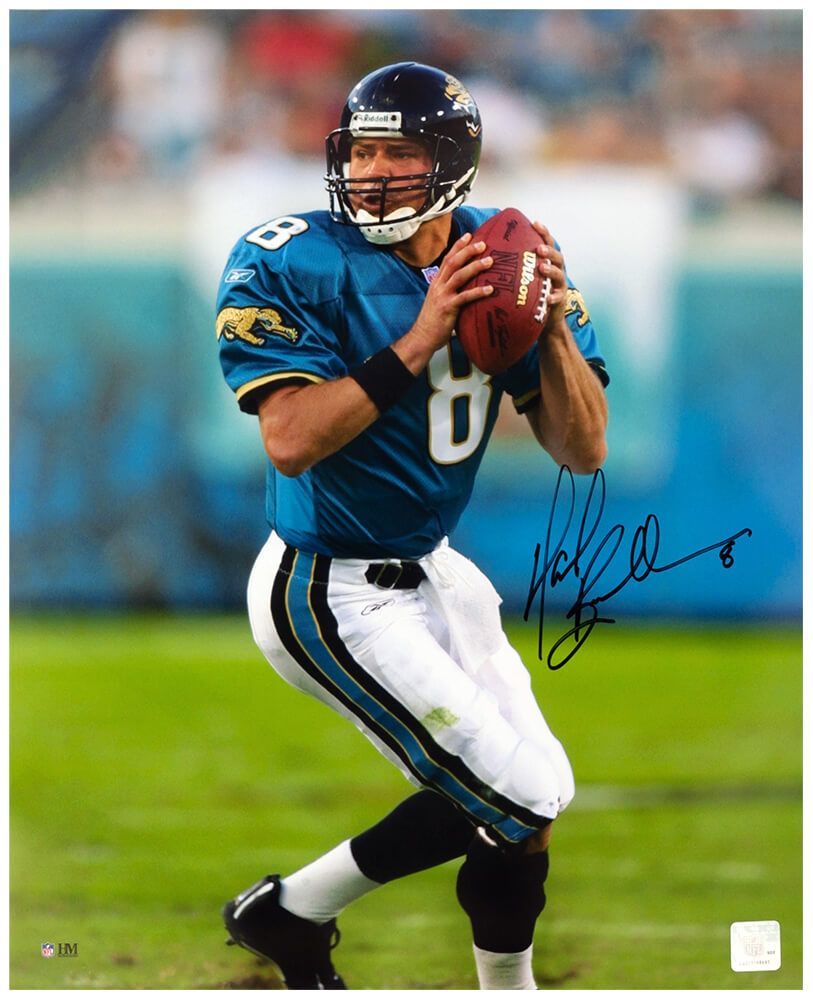 BRU16P313 16 x 20 in. Mark Brunell Signed Jacksonville Jaguars Drop Back with Football Action Photo