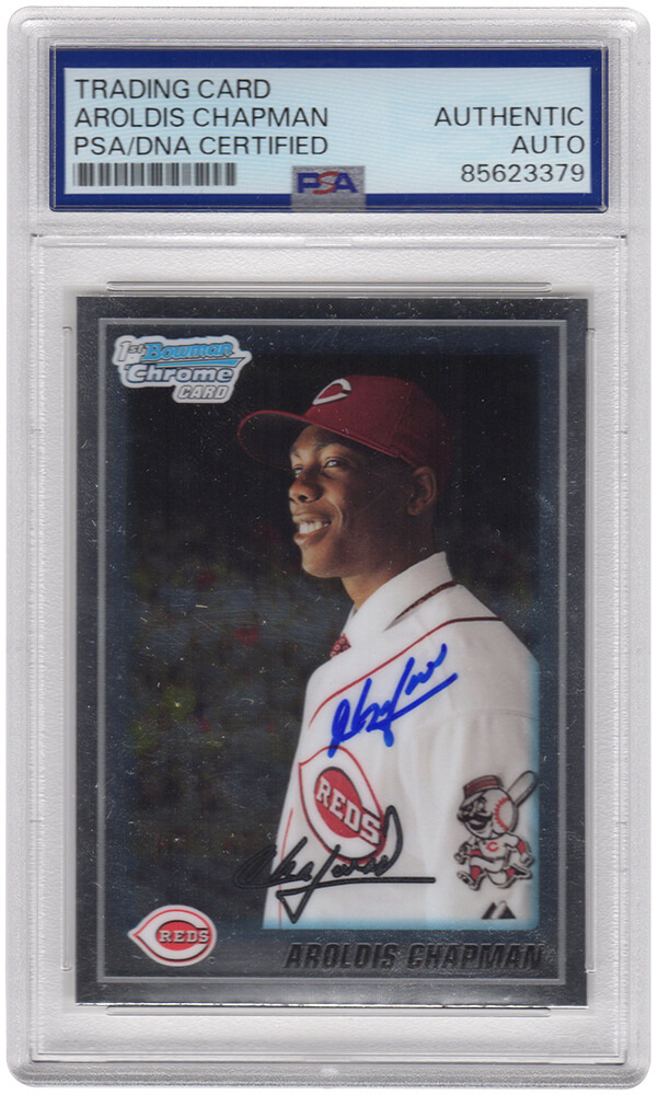 CHACAR105 Aroldis Chapman Signed Cincinnati Reds 2010 Bowman Chrome Prospects Rookie Baseball Card - No.BCP10 - PSA Encapsulated