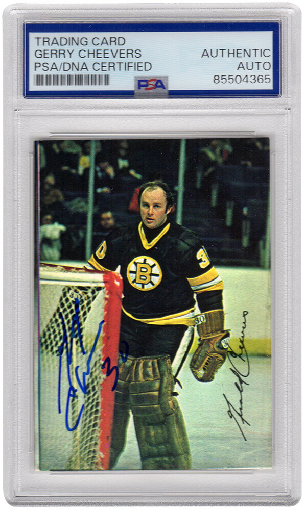CHECAR413 Gerry Cheevers Signed Boston Bruins 1977 Topps Glossy Card - No.2 - PSA Encapsulated
