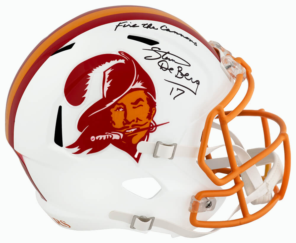 DEBREP303 Steve DeBerg Signed Tampa Bay Buccaneers Throwback Riddell Full Size Speed Replica Helmet with Fire the Cannons