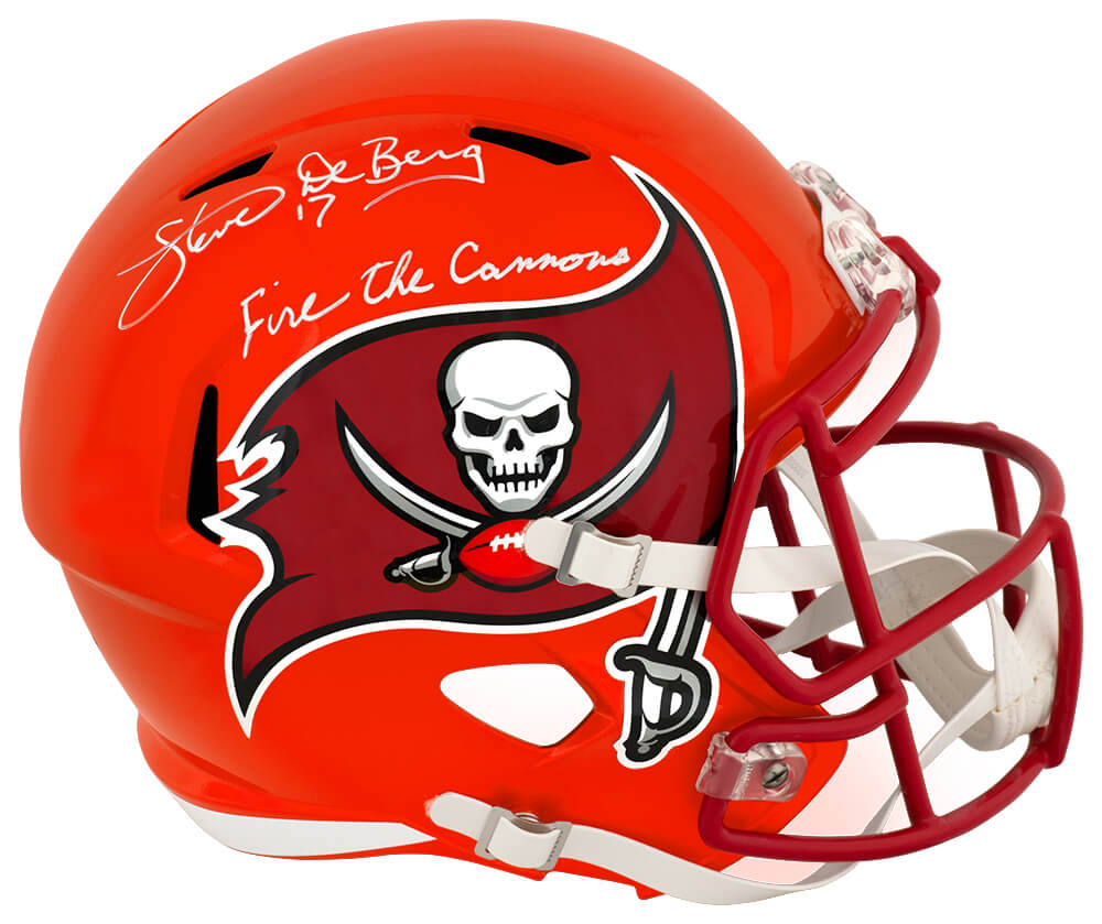 DEBREP305 Steve DeBerg Signed Tampa Bay Buccaneers Flash Riddell Full Size Speed Replica Helmet with Fire the Cannons