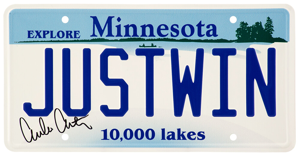 ESTOTH504 Emilio Estevez Signed Mighty Ducks Gordon Bombay Just Win Minnesota License Plate