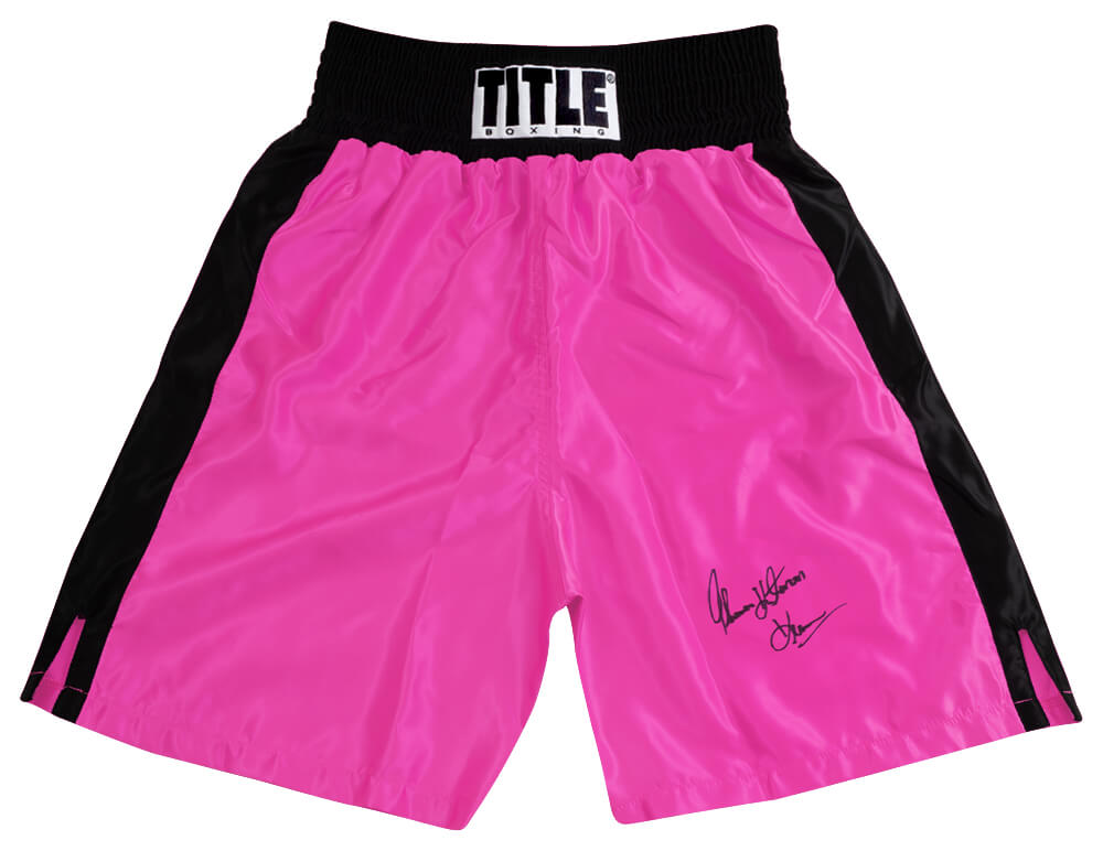 HEATRU505 Thomas Hearns Signed Title Pink with Black Trim Boxing Trunks with Hitman