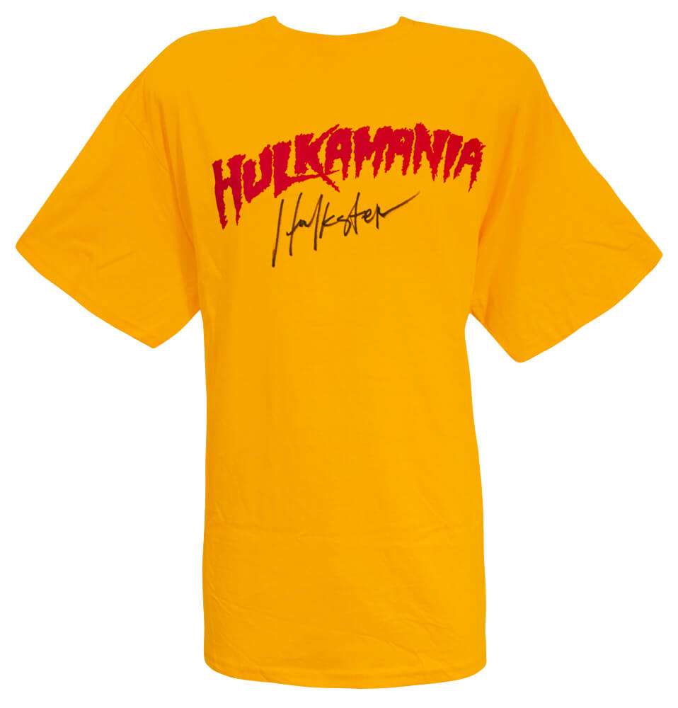 HOGJRY503 Hulk Hogan Signed Hulkamania Yellow Wrestling T-Shirt with Hulkster Signature