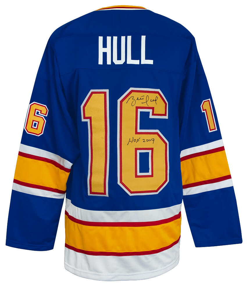 HULJRY452 Brett Hull Signed Blue Custom Hockey Jersey with HOF 2009