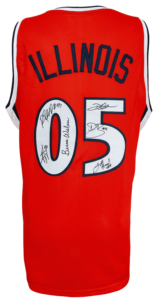 ILLJRY200 2005 Illinois Fighting Illini Team Signed Orange Custom Basketball Jersey with 6 Signatures